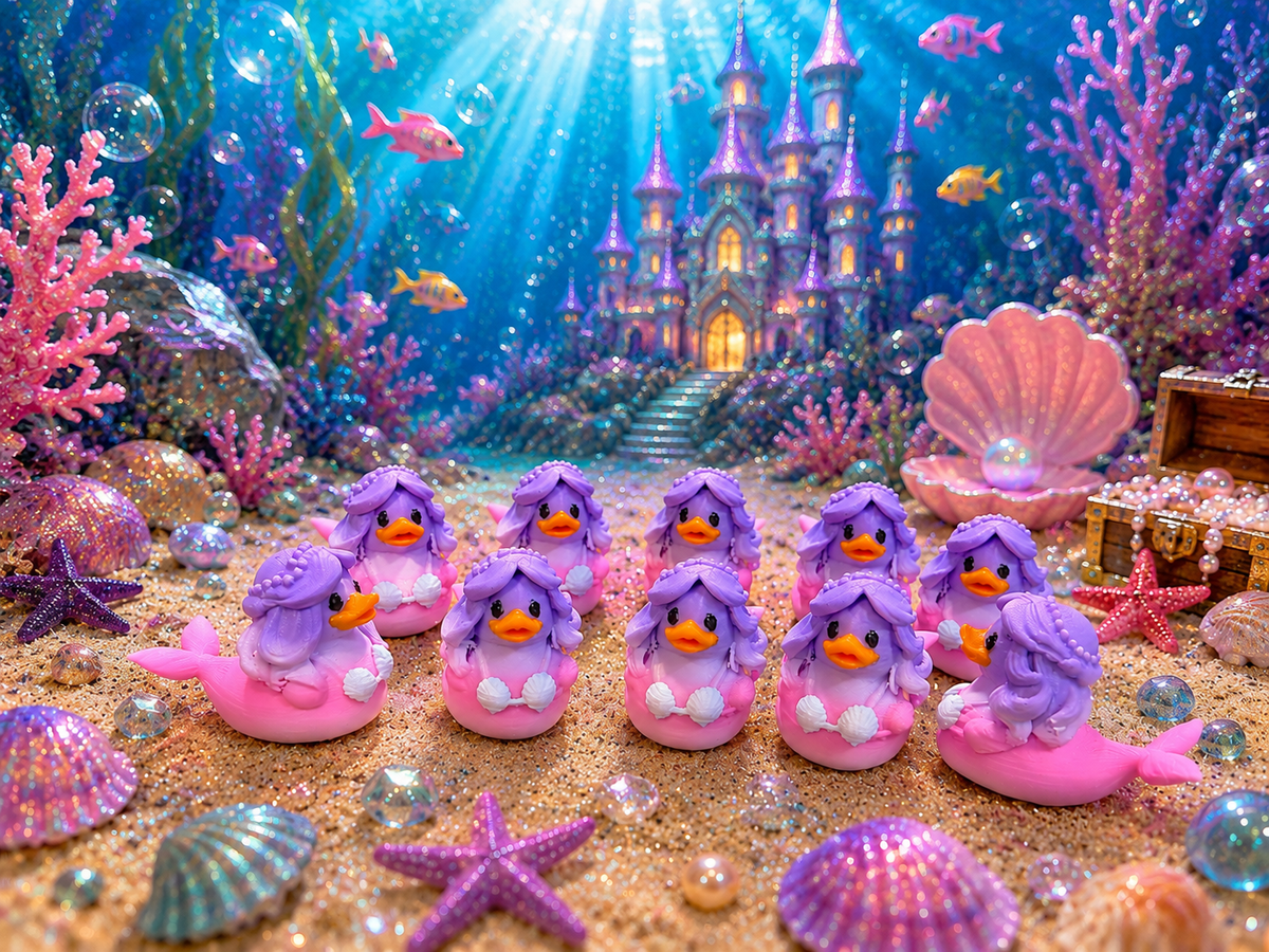 Set of 10 colorful 3D printed mermaid ducks