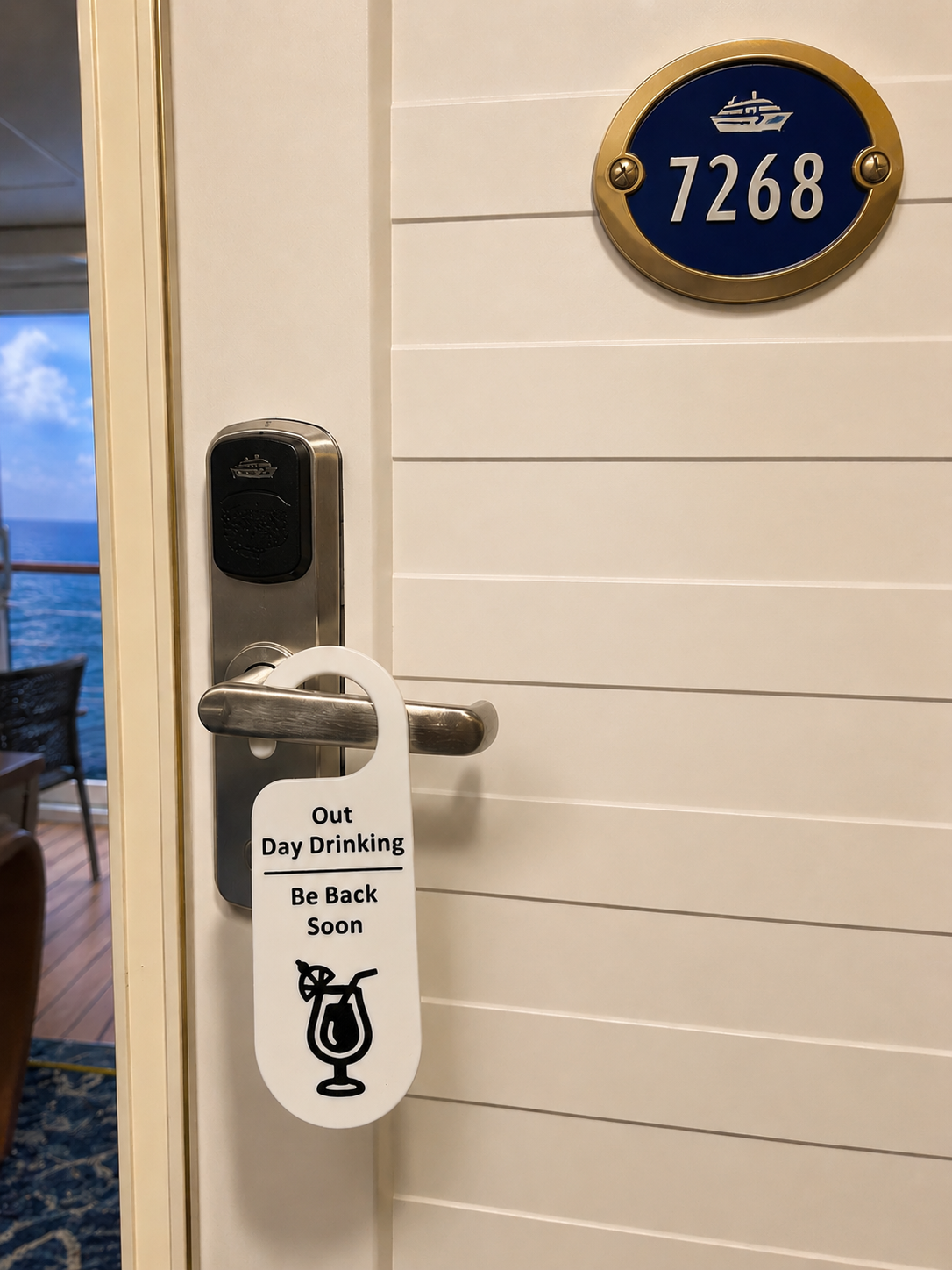 3D printed cruise cabin door hanger with playful phrase