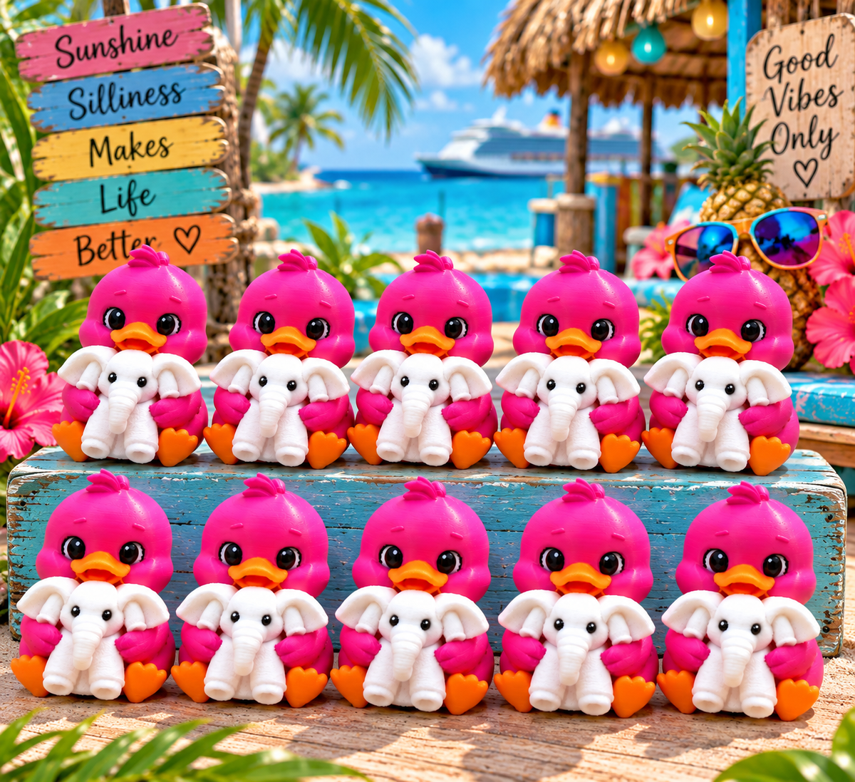 Set of 10 pink ducks holding towel elephants