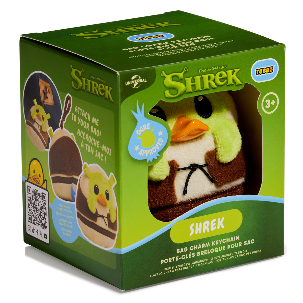 TUBBZ Shrek plush bag charm keychain in retail packaging front view