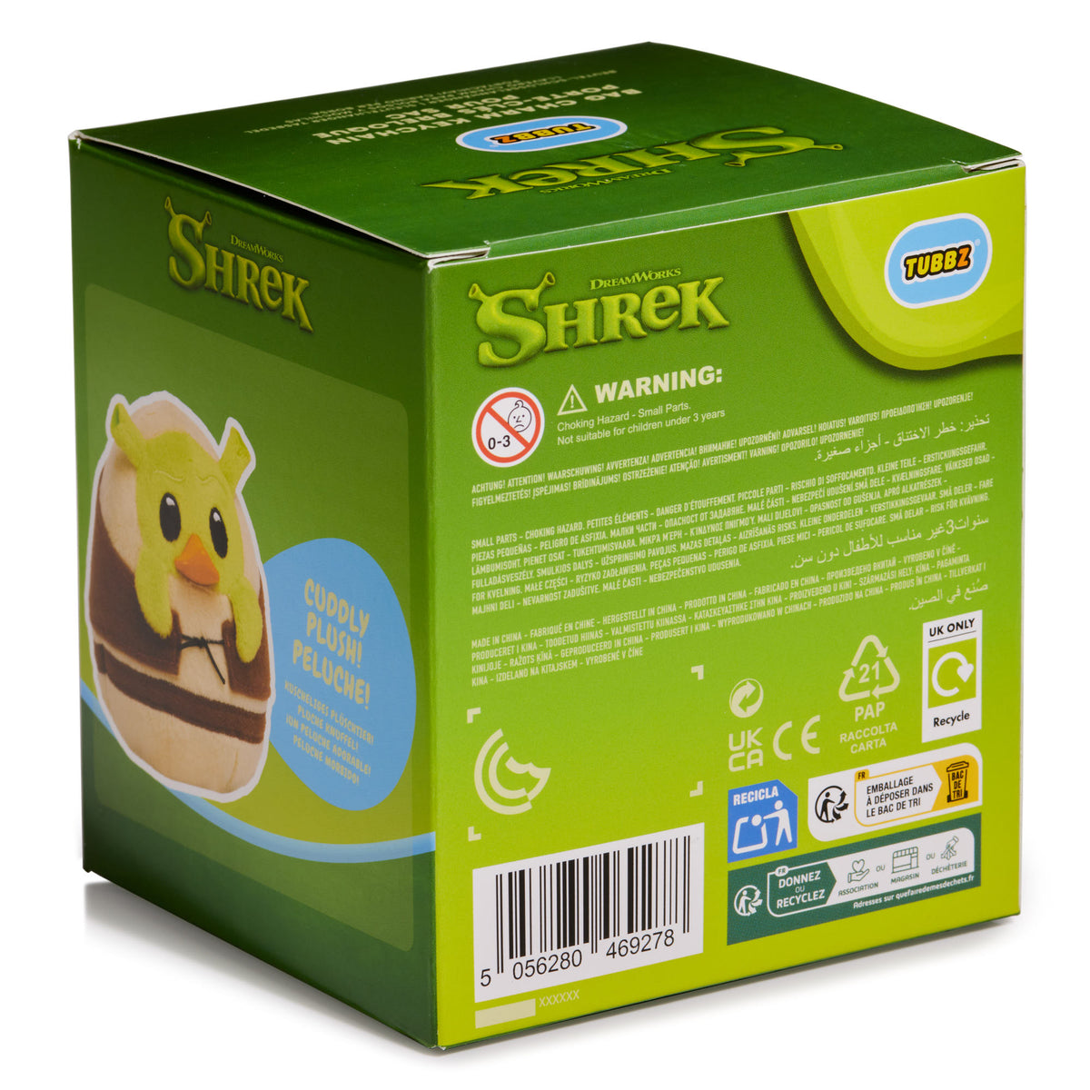 TUBBZ Shrek plush bag charm keychain retail packaging back view