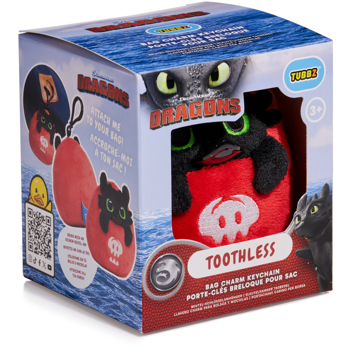TUBBZ Toothless plush bag charm keychain in retail packaging front view