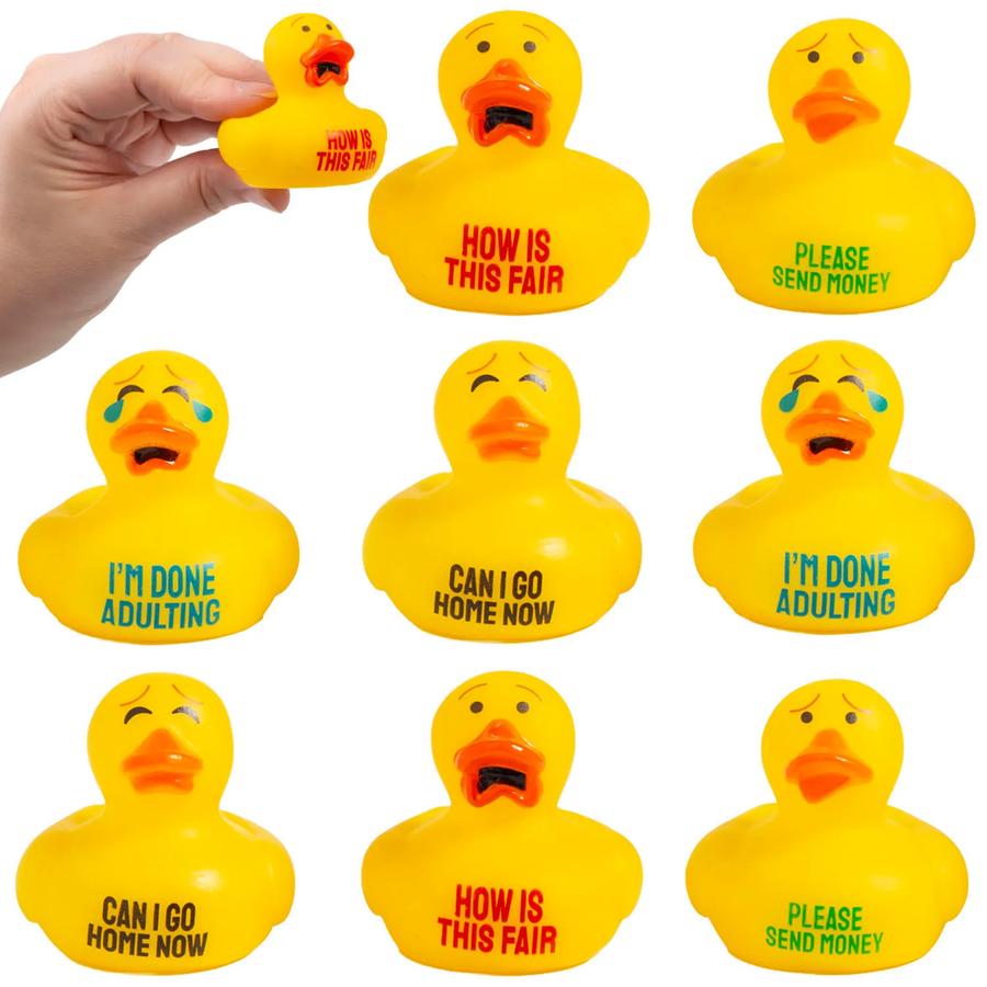 Dumpster Fire Expression rubber ducks with assorted faces and humorous sayings, 2 inches, pack of 8