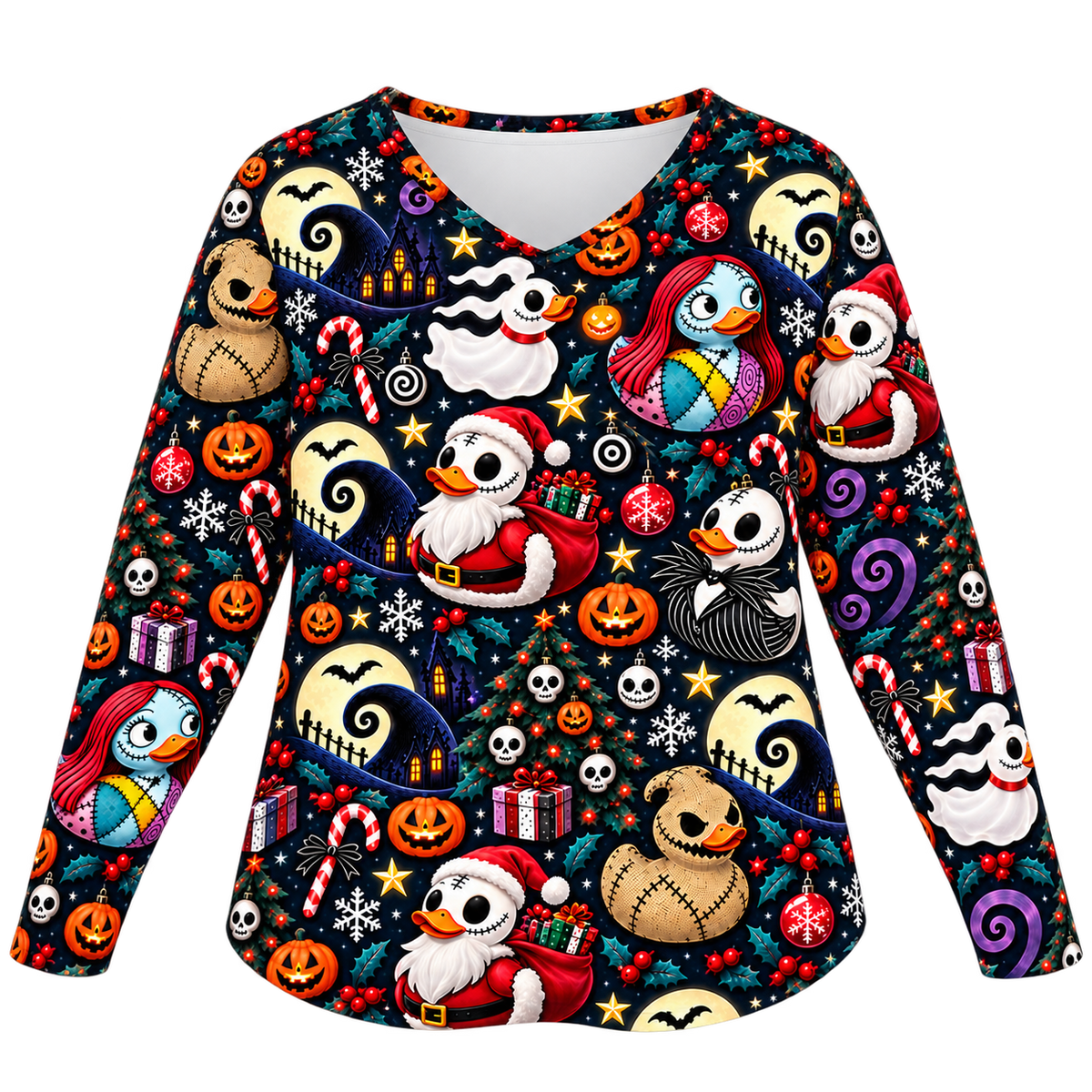 Quackmare Before Christmas Women’s V-Neck Long-Sleeved T-Shirt front product view