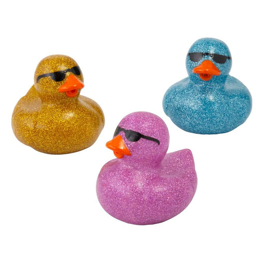 2" Sunglasses Pink, Blue & Yellow Glitter Rubber Ducks - 12-Pack