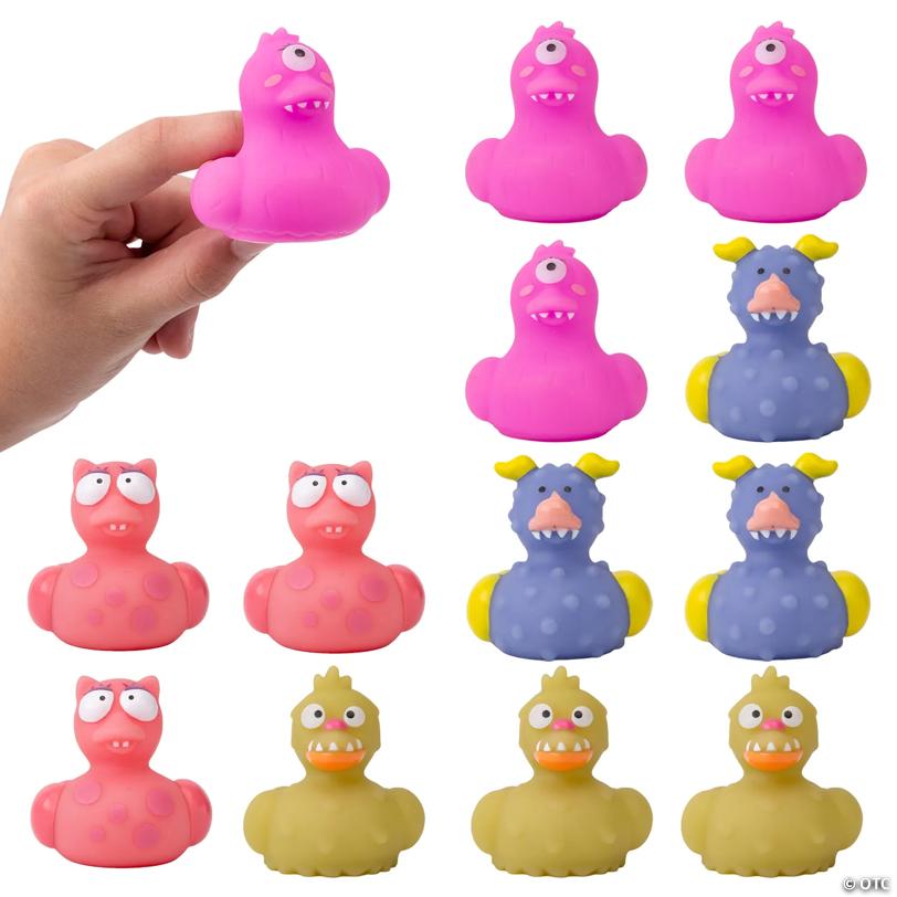 Assorted pink, purple, green and blue Wacky Monster rubber ducks, 2 inches, pack of 12