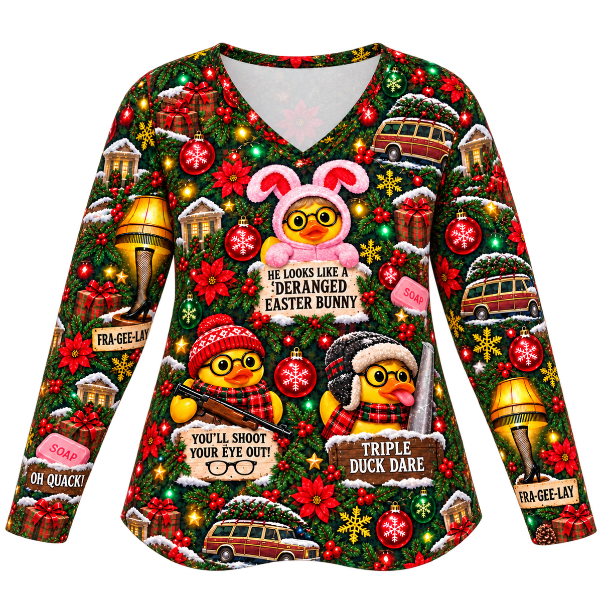 A Quackmas Story Women’s V-Neck Long-Sleeved T-Shirt front product view